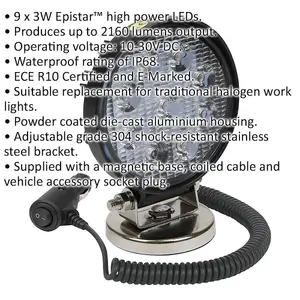 Waterproof Work Light & Magnetic Base -27W SMD LED - 115mm Round Flash Torch