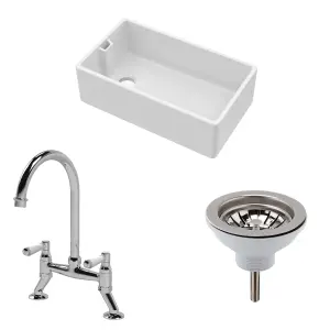 Fireclay Kitchen Bundle - Single Bowl Belfast Sink, Strainer Waste & Bridge Mixer Tap, 795mm - Chrome - Balterley