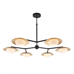 Gold & Bronze Semi Flush 6 Bulb Ceiling Light - Pebble Shaped Opal Glass Shades