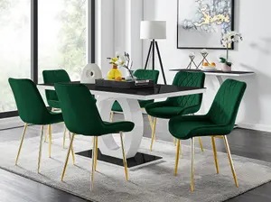 Giovani Rectangular 6 Seat White High Gloss Unique Halo Base Dining Table Black Glass Top 6 Green Velvet Gold Leg Pesaro Chairs