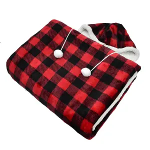 EHC Check Design Super Soft Warm Sherpa Fleece Wearable Hooded Blanket Throw -130 x 180 cm , Red & Black