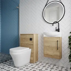 Power Cloakroom Bundle - Left Wall Hung Vanity Unit, Concealed Cistern WC Unit, Toilet & Tap, 440mm - Oak/Black - Balterley