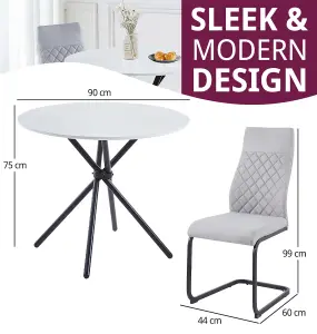 Hallowood Furniture Cullompton Small 90cm Round Dining Table with White Marble Effect Top and 2 Light Grey High Back Dining Chairs