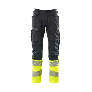 Mascot Accelerate Safe Trousers with Kneepad Pockets - Dark Navy/Hi-Vis Yellow   (30.5) (Leg Length - Regular)