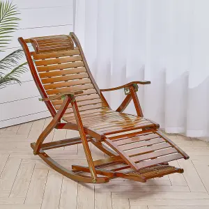 Foldable Adjustable Bamboo Indoor and Outdoor Recliner Chair Sun Lounge Rocking Chair with Retractable Footrest Brown