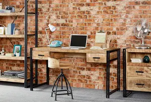 Kingwood Industrial Vintage Up-Cycled Style Solid Wood & Metal 2 Drawers Computer Table