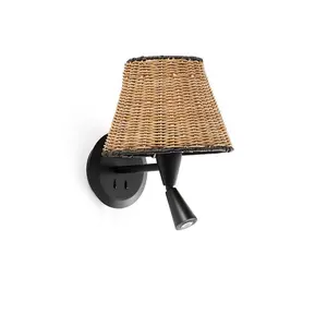 Luminosa Sumba Black, Rattan Shade Wall Lamp With Reading Light 3000K