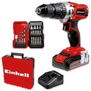 Einhell Power X-Change Cordless Combi Drill 44Nm With Battery And Charger 22 Piece Drill Accessory Set & Case 18V TE-CD 18/2 Li-i