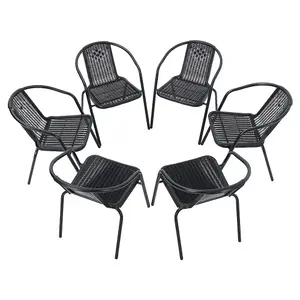 6 Pcs Black Vintage Style Stacking Rattan Patio Garden Chairs Outdoor Armchairs with Metal Frame