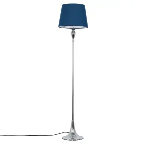 ValueLights Faulkner Modern Polished Chrome Spindle Design Floor Lamp with Navy Blue Tapered Shade - with LED GLS Bulb