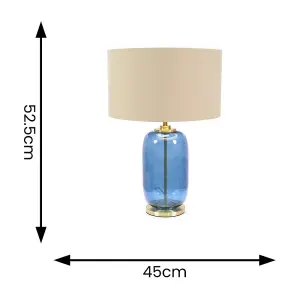 ValueLights Leigh Navy Blue Glass and Gold Detail Table Lamp with Beige/Gold Shade Light - LED Bulb Included