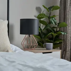 ValueLights Angus Modern Copper Metal Basket Cage Bed Side Table Lamp with Black Fabric Shade with LED Golfball Bulb In Warm White