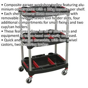 Efficient 3 Level Wheeled Workshop Trolley with Ample Parts Storage - 30kg Capacity per Shelf