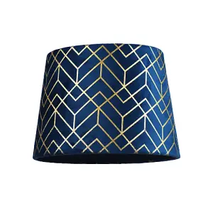 Navy Blue Velvet Lamp Shade with Geometric Design in Metallic Gold Foil Lines