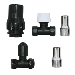 Rinse Bathrooms Black Thermostatic Radiator Valve 15mm Straight Radiator TRV + Lockshield for Heated Towel Rail Radiator