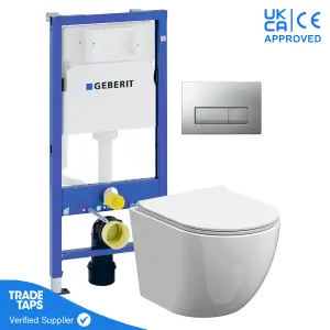 White Wall Hung Toilet Rimless Pan with Geberit Concealed Cistern Frame 112cm & Delta50 Matt Chrome Flush Plate