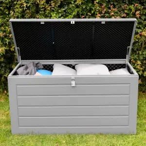 Outdoor Garden Storage Box Plastic Shed - Weatherproof & Sit On with Wood Effect Chest (680L, Anthracite)