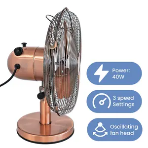 Home & Office Electric Sturdy Metal 12" 3 Speed Tilt Oscillating Worktop Desk Table Air Cooling Fan- Copper