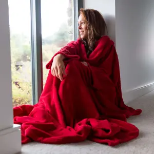 Red Snug Rug Deluxe Blanket With Sleeves Luxury Cosy Super Soft Coral Fleece Fabric Long Oversized Pouch Pocket Adults