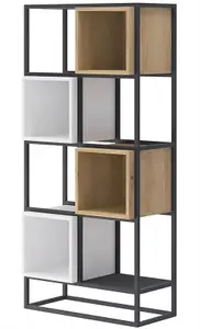 Arthauss Modern Metal Bookcase H1440mm W660mm D350mm, Black Frame, White & Natural Cube Shelves, High Storage Solution