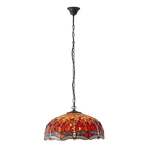 Luminosa Dragonfly Tiffany 3 Light Large Ceiling Pendant Bronze, Red