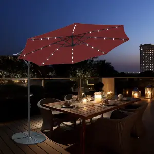 SunDaze 3M Wine Red Garden Cantilever Banana Parasol with Solar LED Lights Outdoor Patio Umbrella