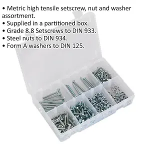 Comprehensive 444 Piece M5 Metric Setscrew Nut and Washer Assortment in High Tensile Steel