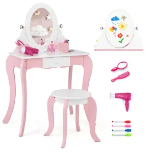 Costway 2-in-1 Kids Table & Chair Play Vanity Set w/ Rotatable Mirror Whiteboard