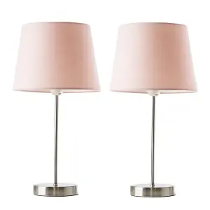 ValueLights Modern Pair Of Satin Silver Table Lamps With Pink Shades