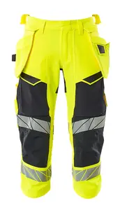 Mascot Accelerate Safe A3/4 Trousers with Holster Pockets - Hi-Vis Yellow/Dark Navy   (28.5) (Leg Length - Regular)