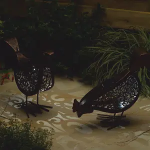 2 x Solar Powered Silhouette Hens - Handmade Metal Outdoor Garden Chicken Ornaments with LED Light & Scroll Effect Cut Out Detail