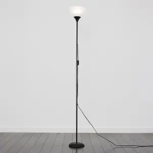 ValueLights Dalby Gloss Black Single Uplighter Modern Floor Lamp With White Shade And E27 3000K Warm White Bulb