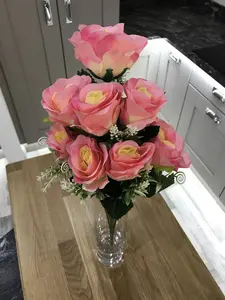 Best Artificial 9 Head Light Pink Rose Spray Bouquet for Display