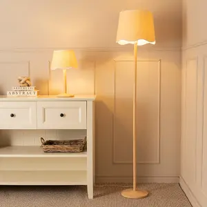 ValueLights Triston Natural Light Wood Stem Table Lamp with Scallop White Trim Tapered Lamp Shade and LED Bulb