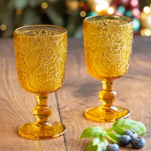 Set of 2 Vintage Luxury Yellow Embossed Drinking Goblet Wine Glasses 300ml