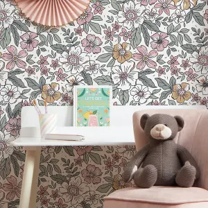 Gorgeous Gardinea Wallpaper In Sage Green And Pink On White