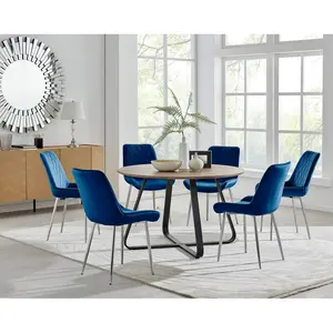 Sandy Classic Wood Effect & Metal Dining Table Set with 6 Luxury Velvet Dining Chairs Navy/Silver