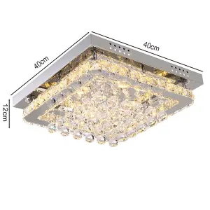 Modern Square Fancy Chrome Crystal LED Flush Mount Ceiling Light Fixture Chandelier 40cm, Dimmable