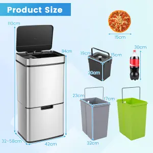 COSTWAY 72L Stainless Steel Classified Kitchen Trash Can Motion Sensor Garbage Bin w/ Lid