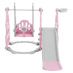 3 in 1 Pink and Grey Slide and Swing Set Play Set with Basketball Hoop W 1330 x D 1530 x H 1030 mm