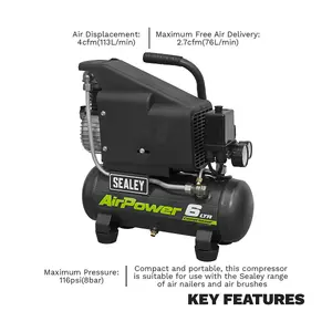 Sealey Air Compressor 6L Direct Drive 1hp SAC0610E