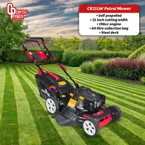 Crytec Petrol Lawn Mower Self Propelled 21 inch Cutting Width 196cc 60L Collection Bag CR21LW