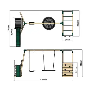 Rebo Wooden Children's Swing Set with Monkey Bars plus Deck & 6ft Slide - Double Swing - Meteorite Green