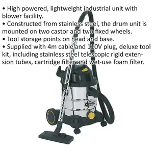 1250W Industrial Wet & Dry Vacuum Cleaner - 20L Stainless Steel Drum - 110V