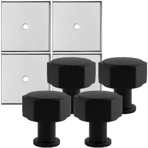 4 PACK - Cabinet Door Knob & Contrasting Backplate Set - Hex Kitchen Pull - Matt Black & Chrome