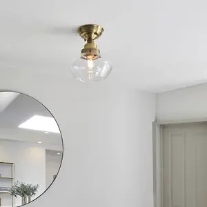 Antique Brass Semi Flush Ceiling Light Fitting & Clear Glass Shade Low Profile