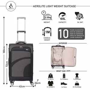 Aerolite Medium 26in Lightweight 8 Wheel Eco Friendly Travel Checked Check in Hold Luggage Suitcase with TSA Lock Black Grey