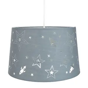 Fun Rockets and Stars Childrens/Kids Grey Cotton Bedroom Pendant or Lamp Shade