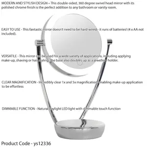 190mm Double-Sided LED Illuminated Vanity Mirror - Chrome Touch Dimmable Battery