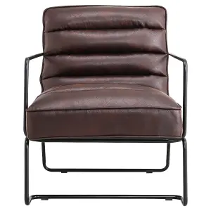 Brown Mid-Century Armchair PU Leather Upholstered Accent Chair with Metal Legs and Armrest